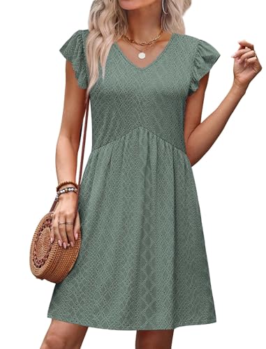 Image of OFEEFAN Summer Dresses for Women Beach Vacation Clothes V Neck Ruffle Sleeve Babydoll Dress Elegant Classy Sundress