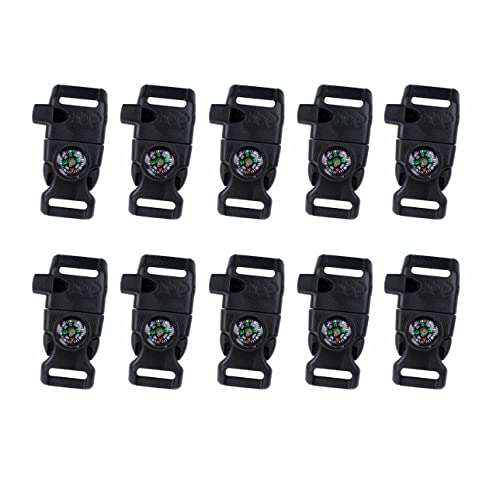 Tcj-Chen 10 Pcs Emergency Whistle Buckle Come With Compass & Fire Starter & Flint Scraper For Outdoor Camping Paracord Bracelet (Black) #TOP3