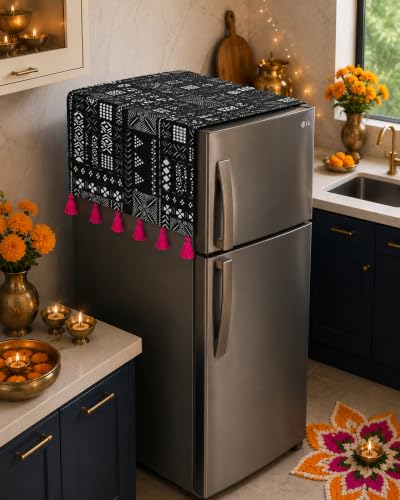 Image of WWW.THROWPILLOW.IN Double Door Fridge Cover 400+L | 450 GSM Durable Fridge Top Cover with Tassels| Dustproof Refrigerator Cover in Black Tribal Print |