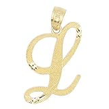 10k Solid Real Gold Cursive Initial Pendant, English Alpahbet A-Z Letter Charm with Diamond Cut (L)