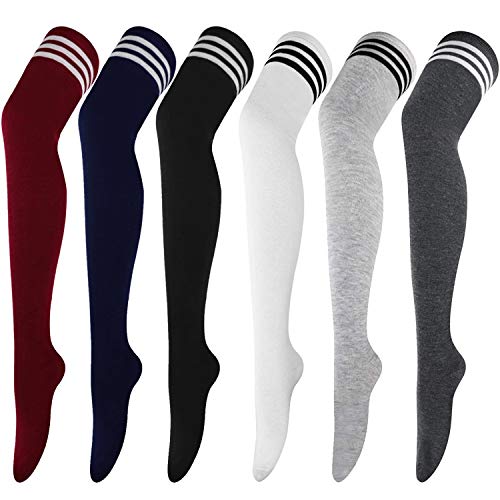 Image of DRESHOW 6 Pairs High Thigh Socks Striped Over Knee Thin Tights Long Stocking for Women Leg Warmer