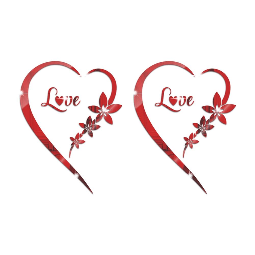 Bloepum 2pcs Love Acrylic Mirror Stickers Heart-Shaped Bedroom Living Room TV Background Wall Home Decoration Red