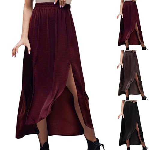 Womens Maxi Skirt Casual Flowy Split Ruffle High Low Beach Skirts Elastic High Waist Pleated A Line Long Skirts2