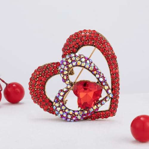Image of LAXPICOL Vintage Cute Red Love-Heart Austrian Crystal Brooch Broach Pin for Women