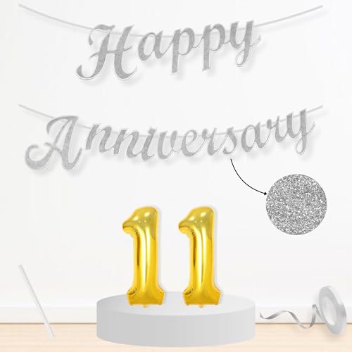 Image of Flyloons 11th Happy Anniversary Banner Silver Decorations Kit for Men Women Wedding Anniversary Banner Items without Balloons