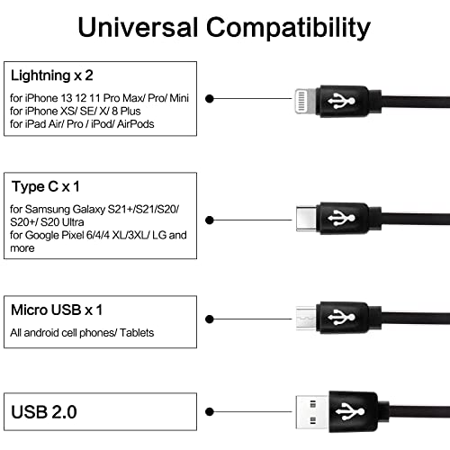 Multi Charging Cable 2 Pack 3Ft, 4 In 1 Retractable Multiple Charger Cord Multi Usb Cable Adapter With Dual Lightning/Type C/Micro Usb Port For Iphone/Samsung Galaxy/Pixel/Phones/Tablets And More #TOP1