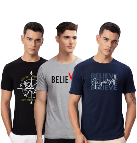 Image of ADRO 100% Cotton Lycra Tshirts for Men Combo Pack of 3 | Regular Fit | Printed T Shirt | Round Neck Half Sleeve| Mens Tshirts