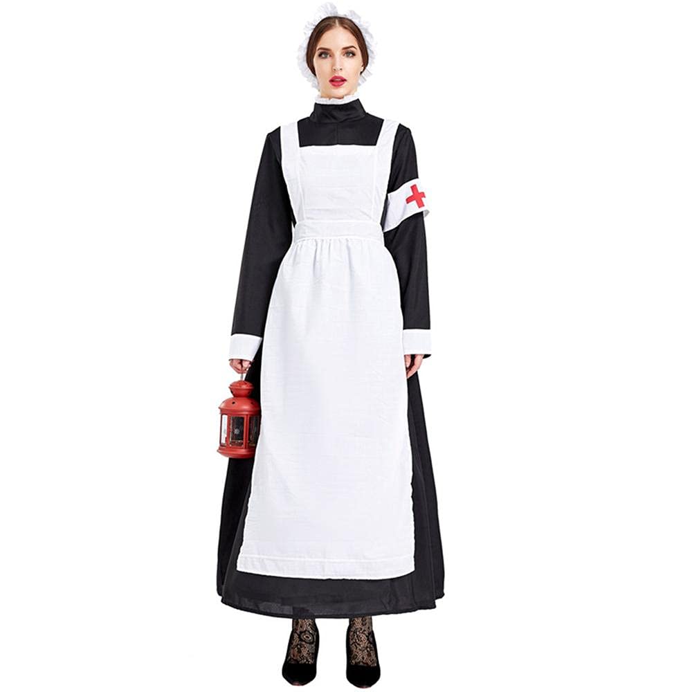 Nun pielęgniarka kostium z fartuchem czapka mankiet pierścień cosplay Halloween Boże Narodzenie przyjęcie strój dla kobiet (XL)