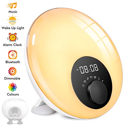 Alarm Clock Wake Up Light, Sunrise & Sunset Simulator with Bluetooth Speaker, Bedside Lamp Atmosphere Mood Lighting with Sleep Timer for Kids, 7 Colors, 10 Alarm Sounds, Touch Control, Ideal for Gift