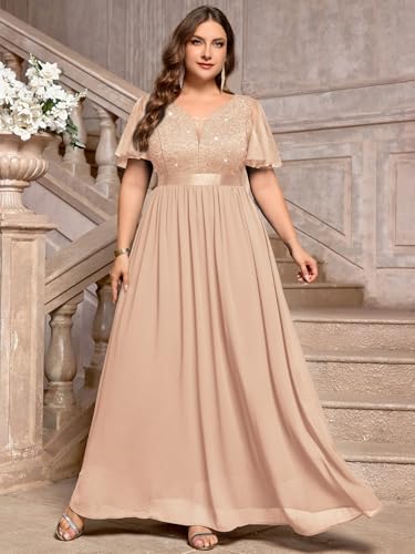 MISSMAY Women's Plus Size Sequin Lace V Neck Formal Wedding Guest Chiffon Maxi Dress3