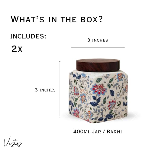 Image of Vistas 'Blue Bloom' Square Airtight 400ml Set of 2 Ceramic Jar for Kitchen Storage | Handcrafted Ceramic Barni with Wooden Lid | Multipurpose Pickle, Spice & Salt Container
