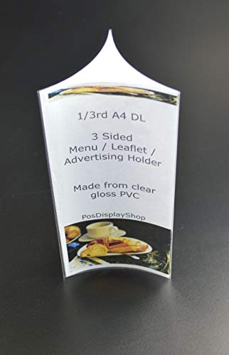 Pos Display Shop 10 x 3 sided 1/3rd A4 (Not A4) Menu Price List Sign Holders Table Talkers - PVC - Flat Pack Pop up - PDSA12