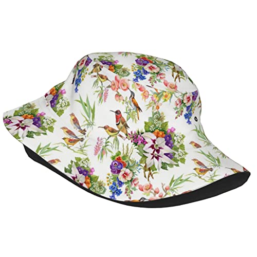 Watercolor Birds Flowers Bucket Sun Hat For Men Women Summer Beach Packable Fisherman Cap #TOP1