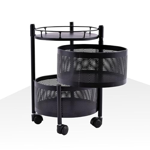 Image of Fun Homes 2 Layer Round Metal Vegetable Rack for Kitchen | Rotating Fruits & Pantry Items Stand | Multipurpose Kitchen Mesh Trolley Storage Rack with Wheels for Home | Onion-Potato Stand | Black