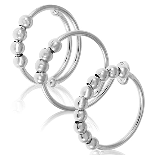 NKTIER 3Pcs Angst Ringe mit Schiebeperlen Offene Fingerringe für Angst Stress Einstellbare Größe Perle Spinner Ringe Legierung Silber Spinner Fidget Ringe Geschenk(Silber) Cover