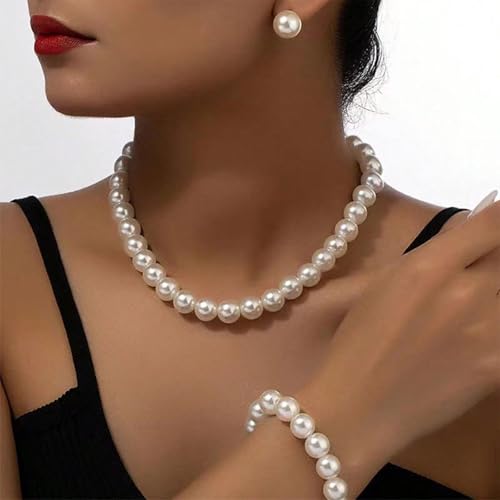 Pearl Necklace and Earring Set Pearl Wedding Jewelry Set for Women Chunky Pearls Choker Necklaces Stud Earrings Bride Bridesmaid Wedding Jewelry Gifts2