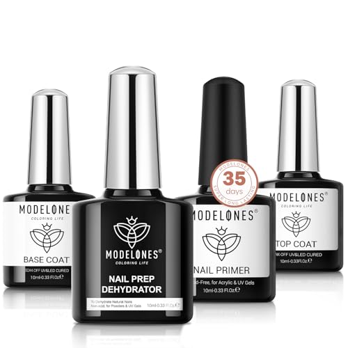modelones Nail Dehydrator and Primer with Gel Base & Top Coat Set, Acid Free Acrylic Supplies Primer Glossy Gel Nail Polish Nail Thickening Solution Top Coat