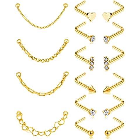 Tornito Nose Chain Piercing Across Double Nose Stud Chain CZ Heart Ball L Shaped Nose Chain Nostril Piercing Jewelry for Women Men 20G Silver Gold Tone, D:Gold&1.6inches, cubic zirconia Cover