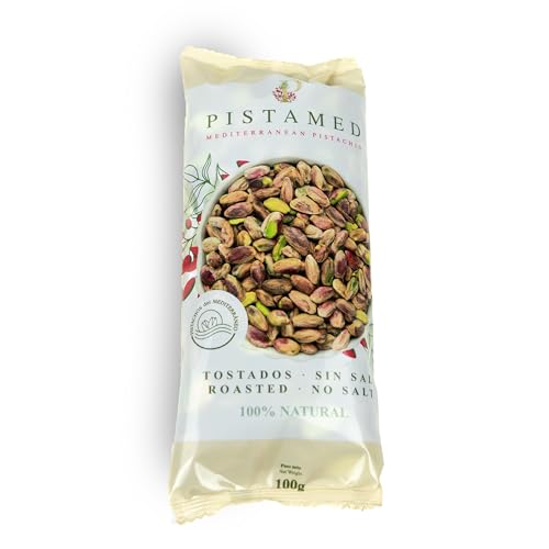 PISTAMED - Pistachos pelados - Sin Sal - Tostado Artesanal - Sin Aditivos y Sin Gluten - Alto en Contenido en Fibra - Dietas Vegetarianas y Veganas - Contenido: 100 g (Paquete de 10 bolsitas)