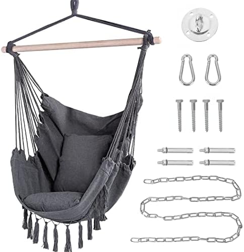 TOUCAN OUTDOOR Hammock Chair Macrame Swing, Large Hanging Rope Seat with 2 Cushions and Carrying Bag, Max 330 Lbs for Indoor Outdoor Home Bedroom Garden, Gray