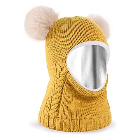 FURTALK Toddler Winter Hat Baby Girls Boys Detachable Pompom Hat Fleece Lined Winter Beanie Hats Kids Earflaps Face Warmer Scarf Set Cold Weather Snow Cap Infant Yellow Cover