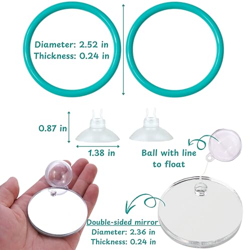 Image of 2 pcs Betta Ring Enrichment Toys with 1 pcs Betta Mirror, Exercise Training Ring and Floating Mirror for Fish Tank, Aquarium Feeding Rings with Floating Mirrors, Fish Toys, Bettas Toy (Teal, M-70mm)