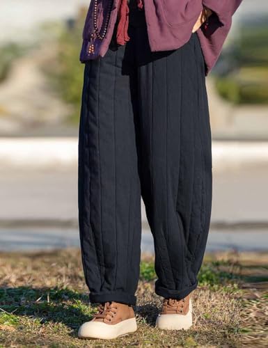 Women Winter Warm Quilted Pants Thick Cotton Casual Wide Leg Harem Pants Elastic Waist Lantern Trousers2
