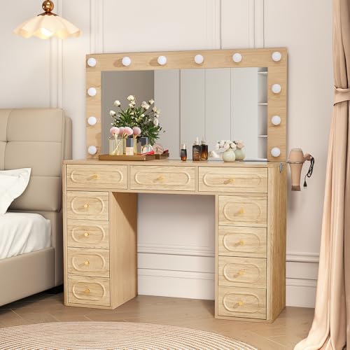 ORRD Fluted Vanity Desk with Mirror and Lights, Power Outlets, Modern Wood Vanity Desk Makeup Table with 11 Drawers, 3 Color Modes Dressing Table with Storage for Bedroom, Living Room, Natural