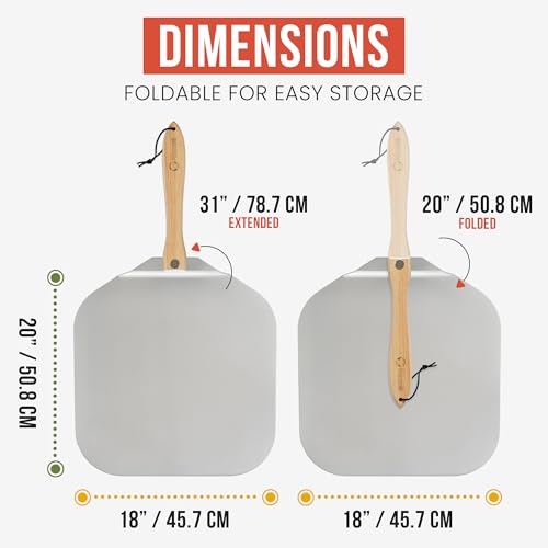 Miniatura 2 de Chef Pomodoro Pala Pizza Horno Larga, Pala Para Pizza De Aluminio Con Tope De Seguriddad Y Mango Plegable De Madera De 10 Cm Para Fácil Almacenamiento 45,7 X 50,8 Cm