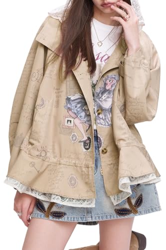 ELFSACK Womens Oversized Trench Coat Lace Collar Graphic Vintage Jacket Y2K Dark...