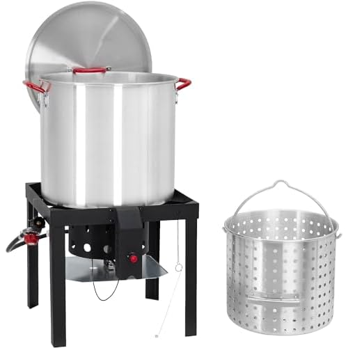 Garvee Crawfish Boiler with Steam/Boil Basket & Strainer, 110000BTU Propane Jet Burner with Support Rack & Lifting Hook, 0-10 PSI Regulator, Outdoor 80 Qt Seafood Boil Pot for Cooking Shrimp