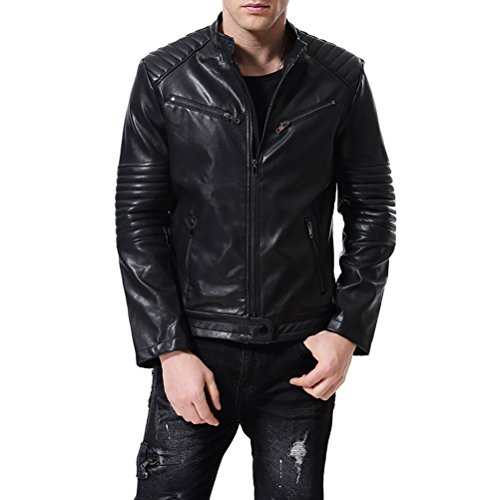 AOWOFS Men's Faux Leather Jacket Ribbed 