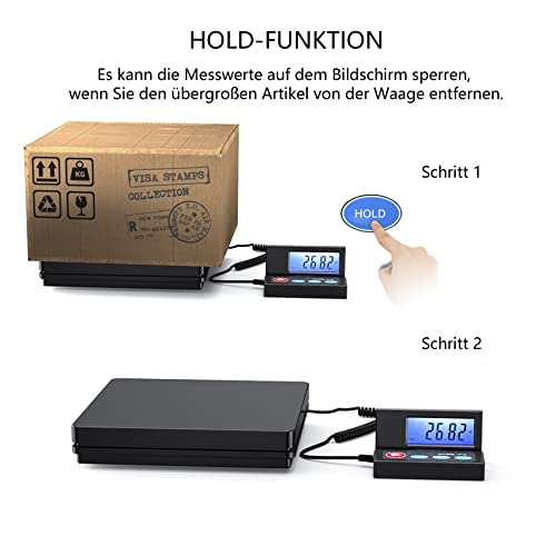 Nilpferd Paketwaage PostwaagePlattformwaage Bis 50kg|D=2g,Briefwaage mit klappbarem externes LCD Wand Display, Netzkabel oder Batterien (im Lieferumfang enthalten) (Schwarz1)