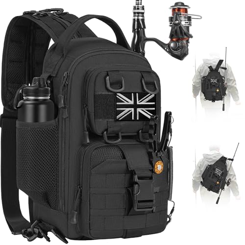 FREEAMG Fishing Backpack Tackle Sling Bag, Tactical Fishing Tackle Backpack with Rod & Gear Holder, Outdoor Fishing Pack Shoulder Bag for Camping Hiking Traveling Cycling(Black Small)