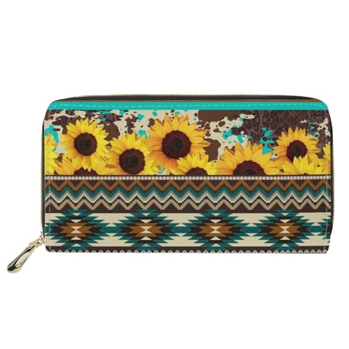 Boho Wallets for Women Hippie Sunflower Print Womens Wallet PU Leather Cell Phone Purse Coin Pockets 4 Card Slots Zipper Wallet Card Holder Organizer