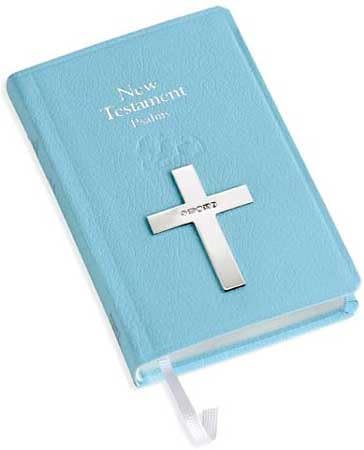 Carrs New Testament Children's Bible Christening Gift - Blue Leather with Silver Sterling Cross