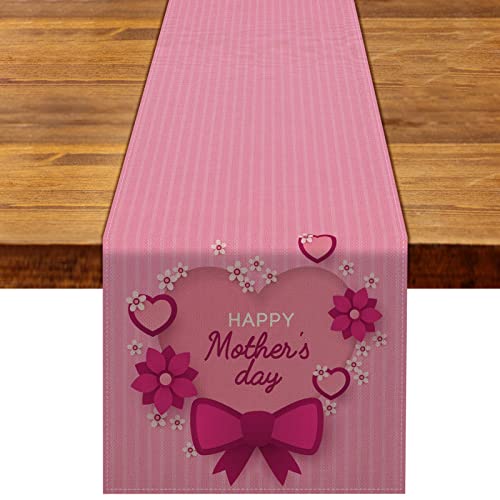 Happy Mother's Day Table Runner Pink Love Heart Rustic Linen Dining Room Kitchen Table Indoor Outdoor Decoration #TOP28