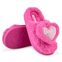 Barbie Fuzzy Girls Slippers with Fluffy Heart and Logo – Cozy Indoor House Shoes for Kids, Soft Plush Slip-Ons