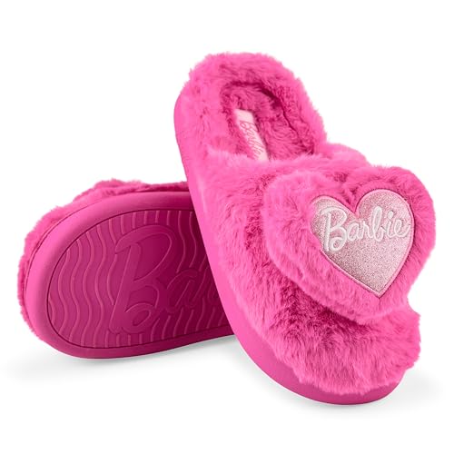 Barbie Fuzzy Girls Slippers with Fluffy Heart and Logo – Cozy Indoor House Shoes for Kids, Soft Plush Slip-Ons