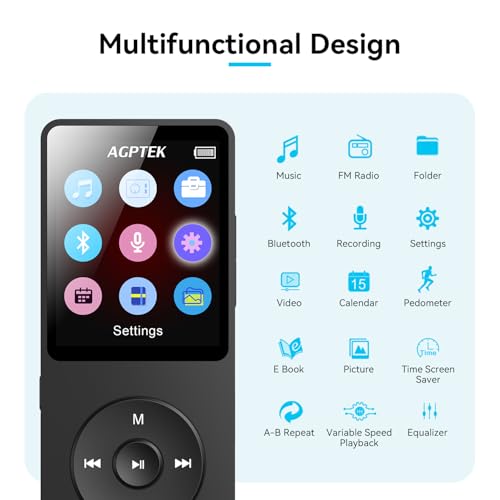 Image of AGPTEK A02 MP3 Player with Bluetooth 5.3, 1.8'' 16GB Portable Music Player | with Speaker, FM Radio, Voice Recorder, Supports Expanded Up to 128GB(Black)