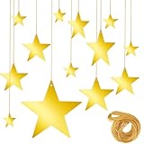 24Pcs Gold Hanging Stars Decorations, Glitter Star Cutouts with 55 Yard Gold Nylon String Double Sided Star Cardboard for Wedding Birthday Party Graduation Classroom Home Wall Ceiling Decor (4 Size)