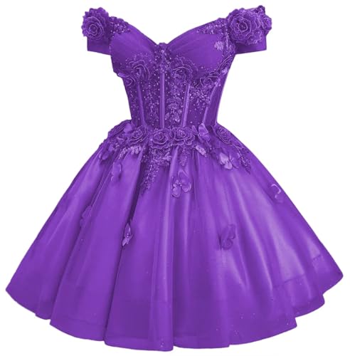 Image of Zhangyo Sparkly Tulle Homecoming Dresses for Teens Off Shoulder DAMA Dress | Sparkly Tulle Homecoming Dresses, for Teens, Off Shoulder DAMA Dresses for Quinceanera, 3D Butterfly Short Ball Gown