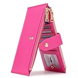 GOIACII Slim Wallets for Women RFID Blocking Card Holder 2 Zipper Pockets Thin Ladies Clutch Purse Fuchsia
