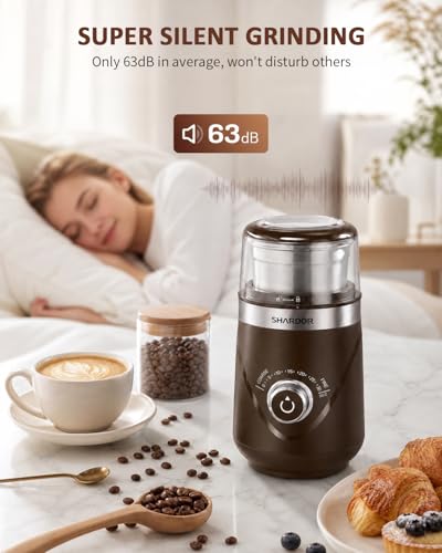 Image of SHARDOR Electric Super Silent Blade Coffee Grinder, Timed Grind Control Rotary Knob, Adjustable Coarse to Fine for Coffee Beans, Spices & Herbs, with 2 Removable Stainless Steel Bowl, Brown