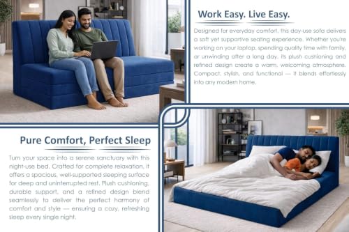Image of 3-Seater Foldable Floor Sofa Bed with Adjustable Backrest Modern Velvet Fabric Folding Couch for Living Room, Guest Room & Small Spaces - Blue Color