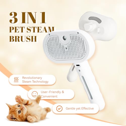 Image of Cat Steam Brush, 3 in 1 Pet Spray Hair Removal Comb for Shedding & Grooming, Pet Grooming Brush with Spray, One-Click Release Button and Tank, Spritz Defur Comb for Cats Dogs, Effective(White)