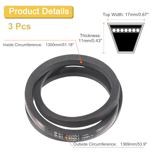 Image of uxcell 3 Pack B51 Classic Wrapped V-Belt, 54 inch Outside Circumference Wrapped Industrial Rubber V-Belt B Profile V-Belt for Industrial Machinery Equipment, Black
