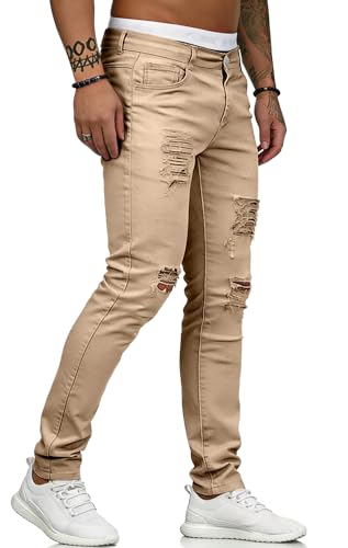 Image of HUNGSON Men's Blue Slim Fit Jeans Stretch Destroyed Ripped Skinny Jeans Side Striped Denim Pants