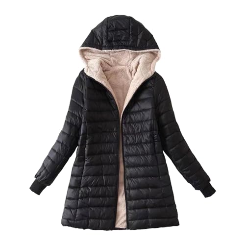 Chaqueta De Plumas Larga para Mujer De Talla Grande - Chaqueta De Algodón Ligera con Capucha para Invierno - Abrigo De Forro (Black, XXL)