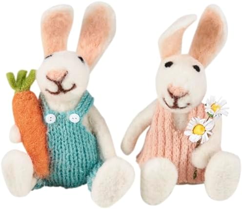 Primitives by Kathy Bunny Couple Collectible Felt Critter Set, 3.25-inch, Carrot & Daisy bunnies, pastel fabric outfits - Tiered Tray, Shelf, or Tablescape Display with Our Other Spring & Easter Decor image 3